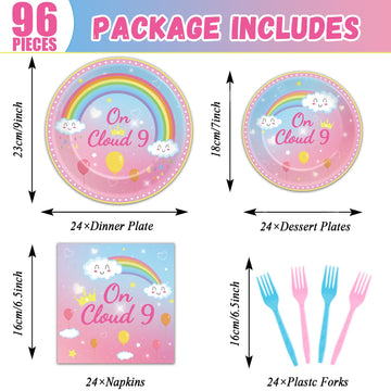 96 Pcs On Cloud 9 Birthday Decorations For Girls On Cloud 9 Party Plates And Napkins Supplies 9Th Birthdaytableware Set Rainbow