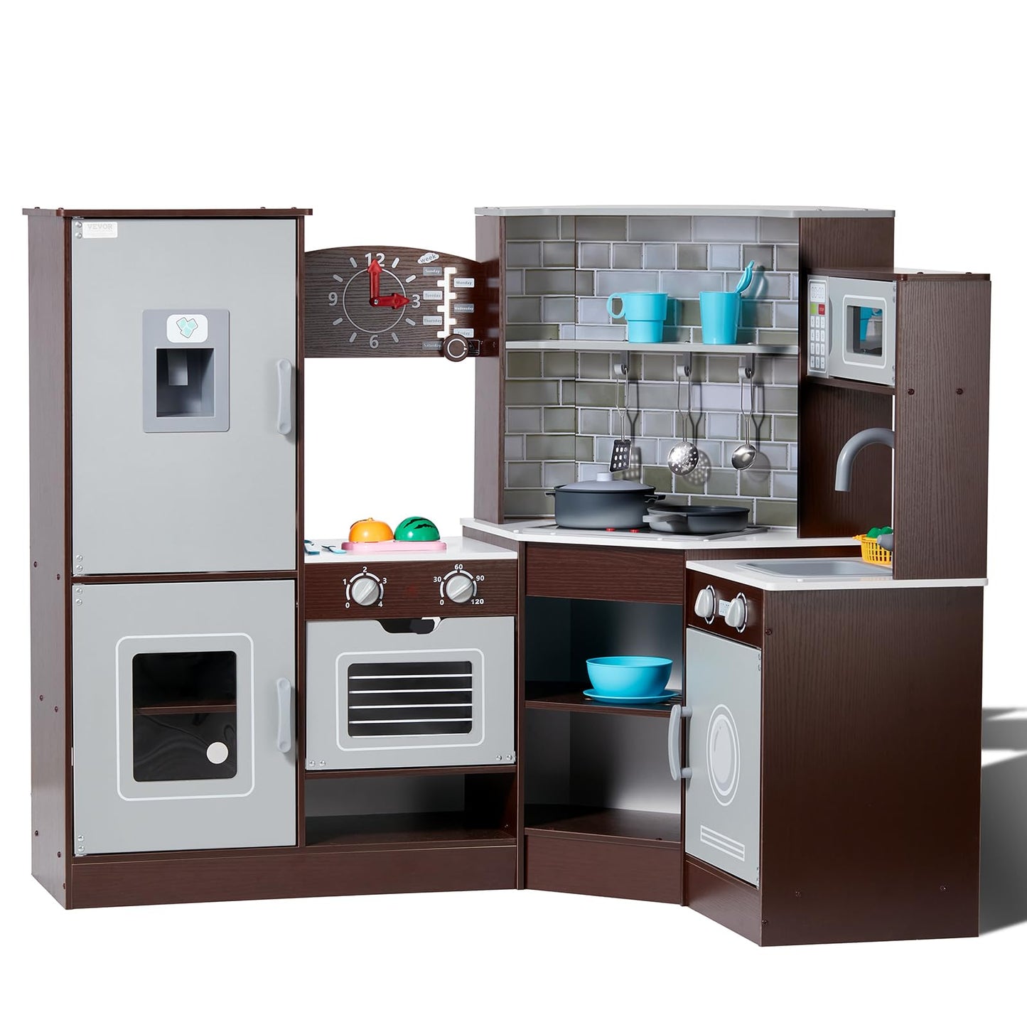 VEVOR Corner Wooden Play Kitchen, Toy Set with Lights and Sounds, Toddler Kitchen with Ice Maker, Oven, Sink, Clock, Microwaves,