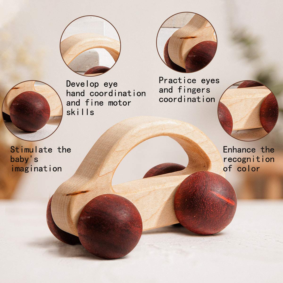 Promise Babe 2Pc Wooden Rattle Organic Wooden Cars Push Car Toys Montessori Educational Natural Wood Toys Inspired Baby Newborn