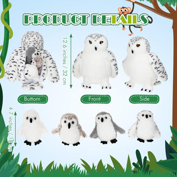 Hollowfly 5 Pcs Snowy Owls Plush Toy Gift Set 12.6 Mom Owls with 4 Cute Babies Stuffed Animal in Zippered Back Nurturing Plushes