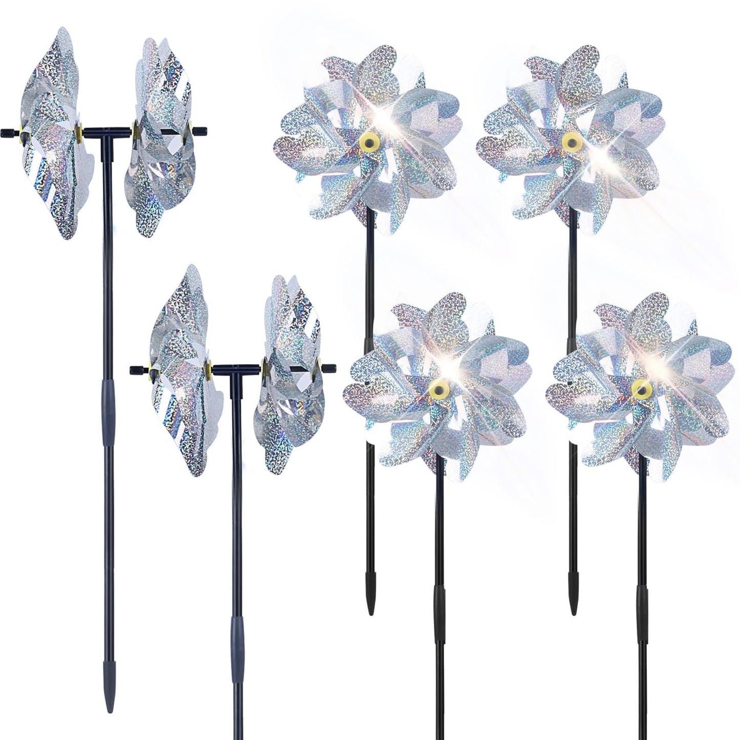 Battife 6 Sets Pinwheels For Yard And Garden, Double Sides Reflective Bird Deterrent Pinwheel, Large Silver Outdoor Sparkly Wind