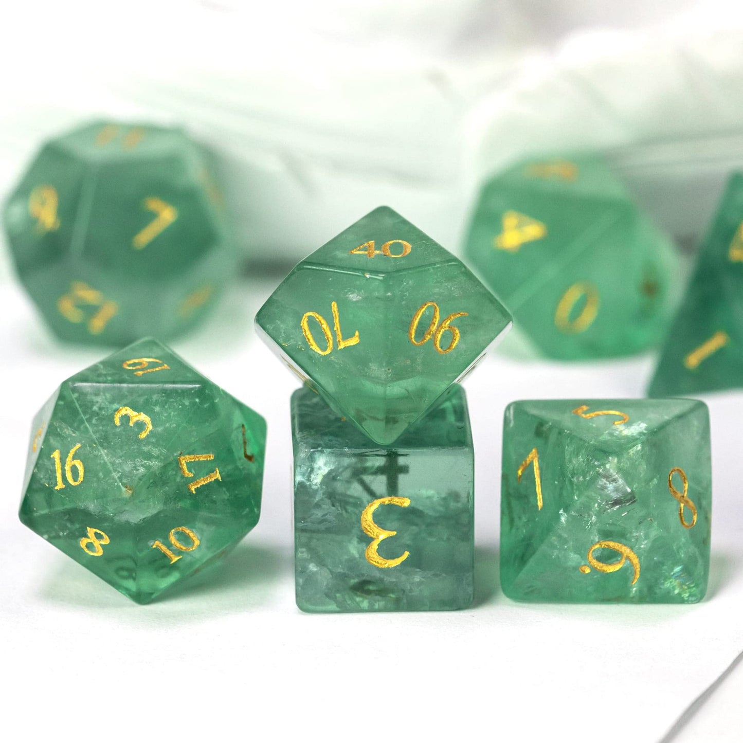 UDIXI Natural Gemstone Dice Set 7PCS Green Fluorite Crystal Stone DND Dice with Gift Case for Dungeons and Dragons Role Playing