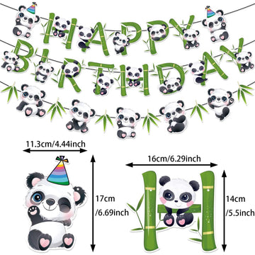 Zwiebeco Birthday Party Decoration Supplies Green Black White Happy Birthday Sign Banner Bamboo Leaves Pandas Banner Hanging Pap