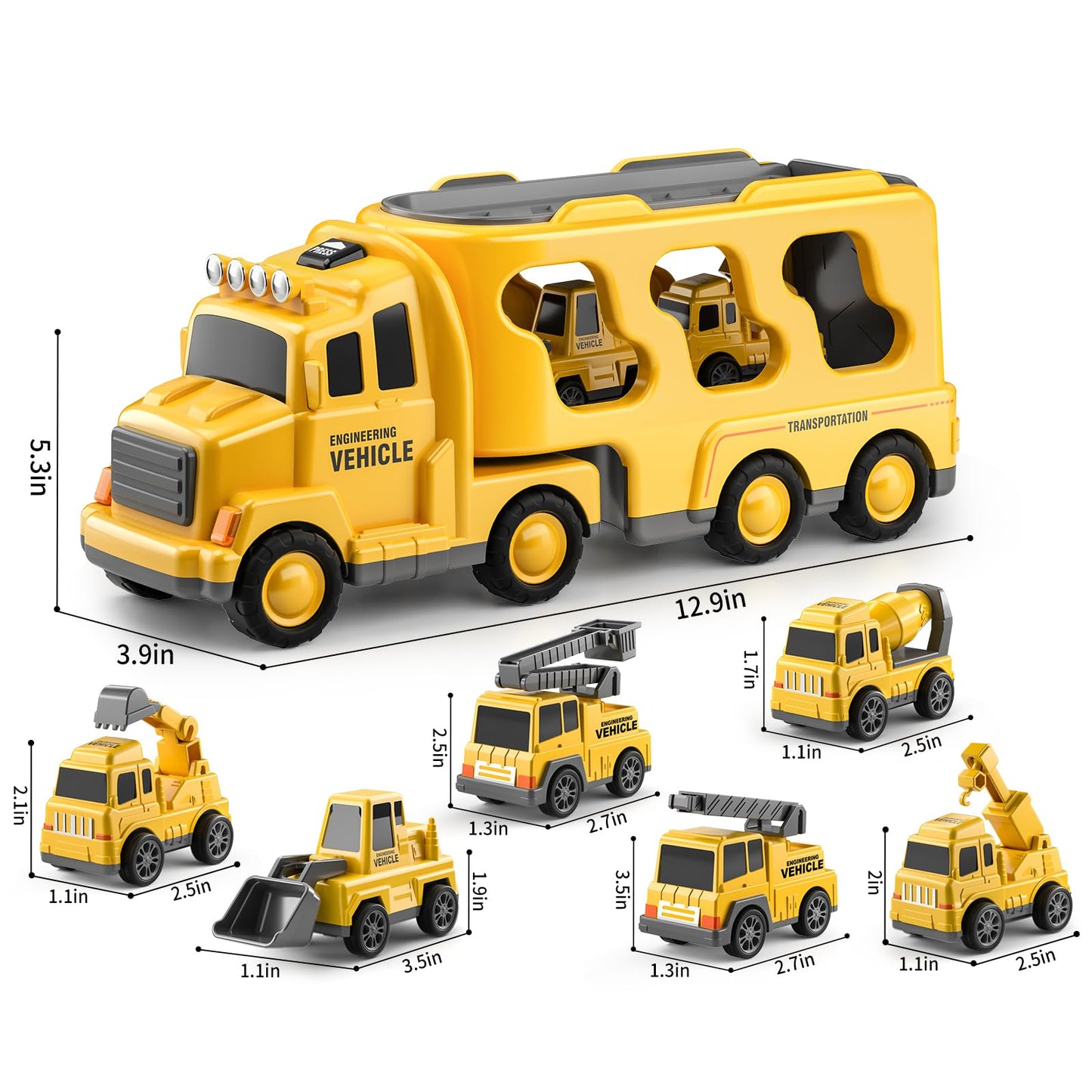 Temi Construction Truck Toys Cars For Toddlers 3-5 - 7-In-1 Friction Powered Vehicle Toy 3 4 5 6 Year Old Boys, Carrier Transpor