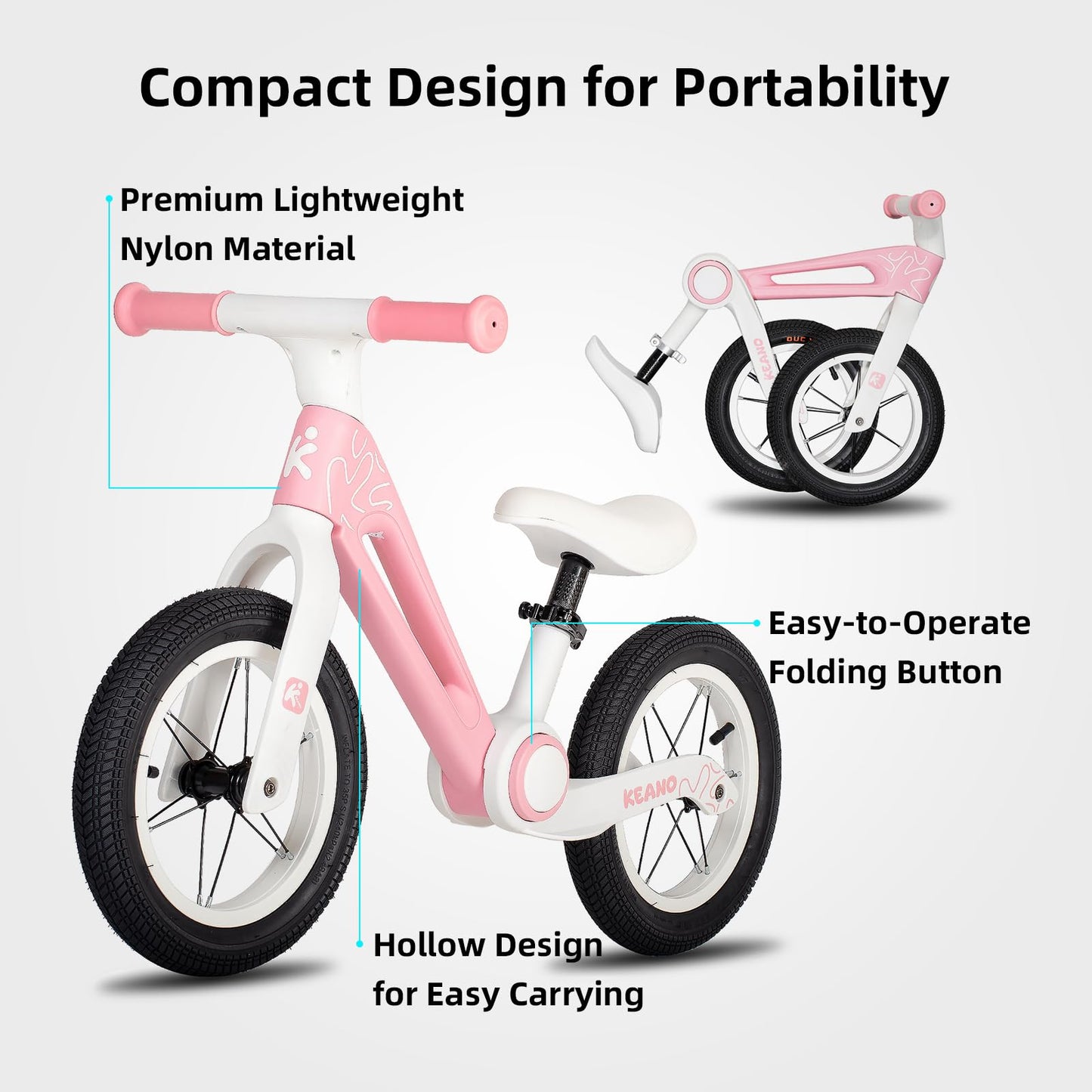 Joystar 12 In Balance Bike For Kids Age 2-6 Years, Foldable Toddler Balance Bicycle For 2 3 4 5 6 Years Old Girls & Boys, No Pedal Push Balance Bike, Adjustable Seat & Inflatable Tires, Pink