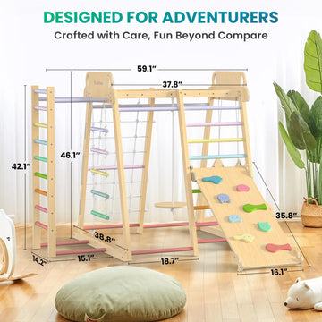 Upgraded Indoor Playground 9-In-1 Jungle Gym Kids Climbing Toys, Montessori Waldorf Style Wooden Climber Playset With Slide, Swi