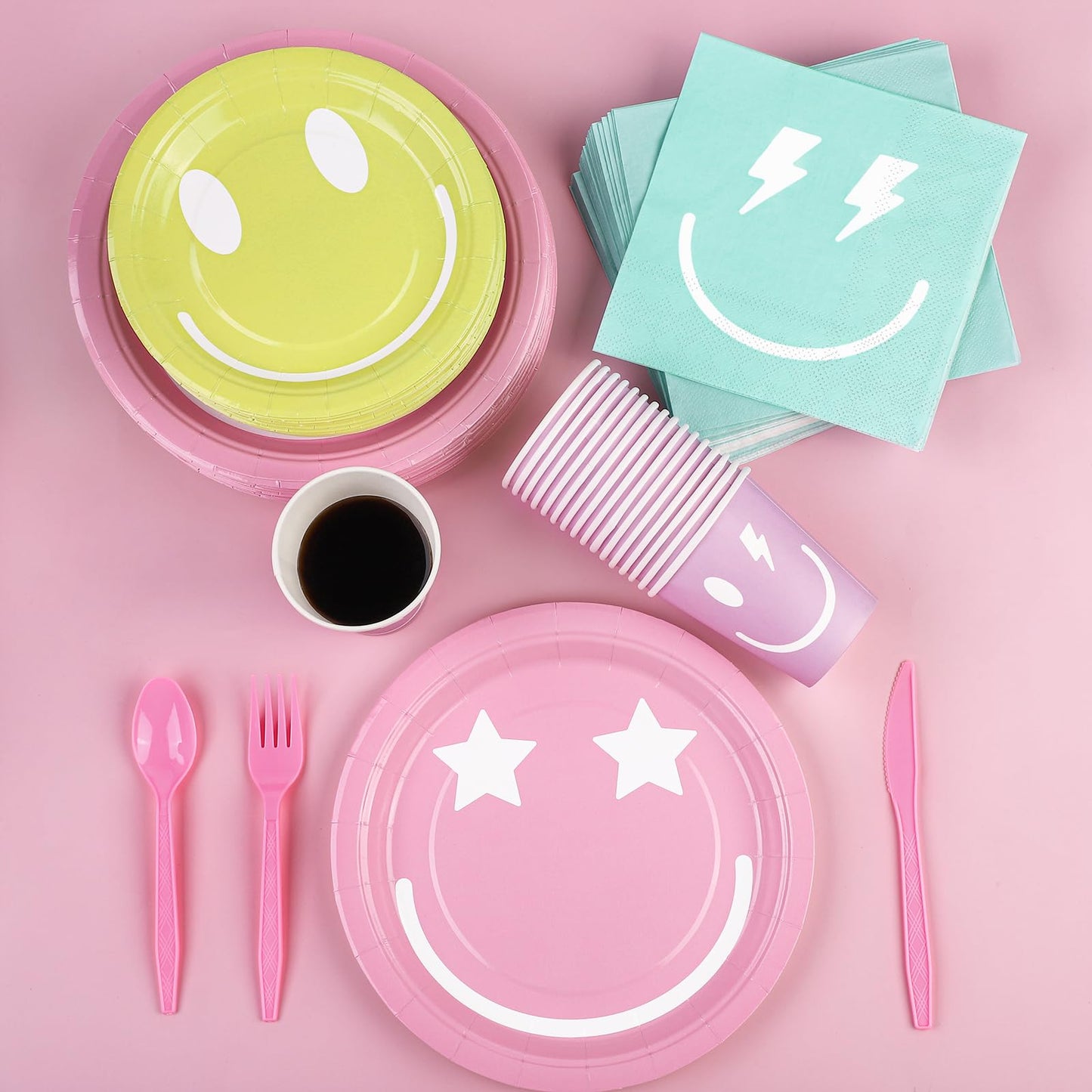 Durony 350 Pieces Preppy Smile Face Party Decorations Pastel Party Supplies Include Smiley Paper Plates Napkins Cups Forks Knive