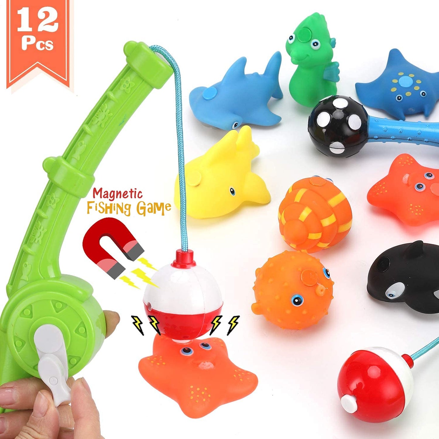 Magnetic Toddler Bath Toys | Kids Fishing Pool Game Set Of 2 Fishing Poles, 8 Rubber Sea Animals, & Net | Water Toys With Mesh O