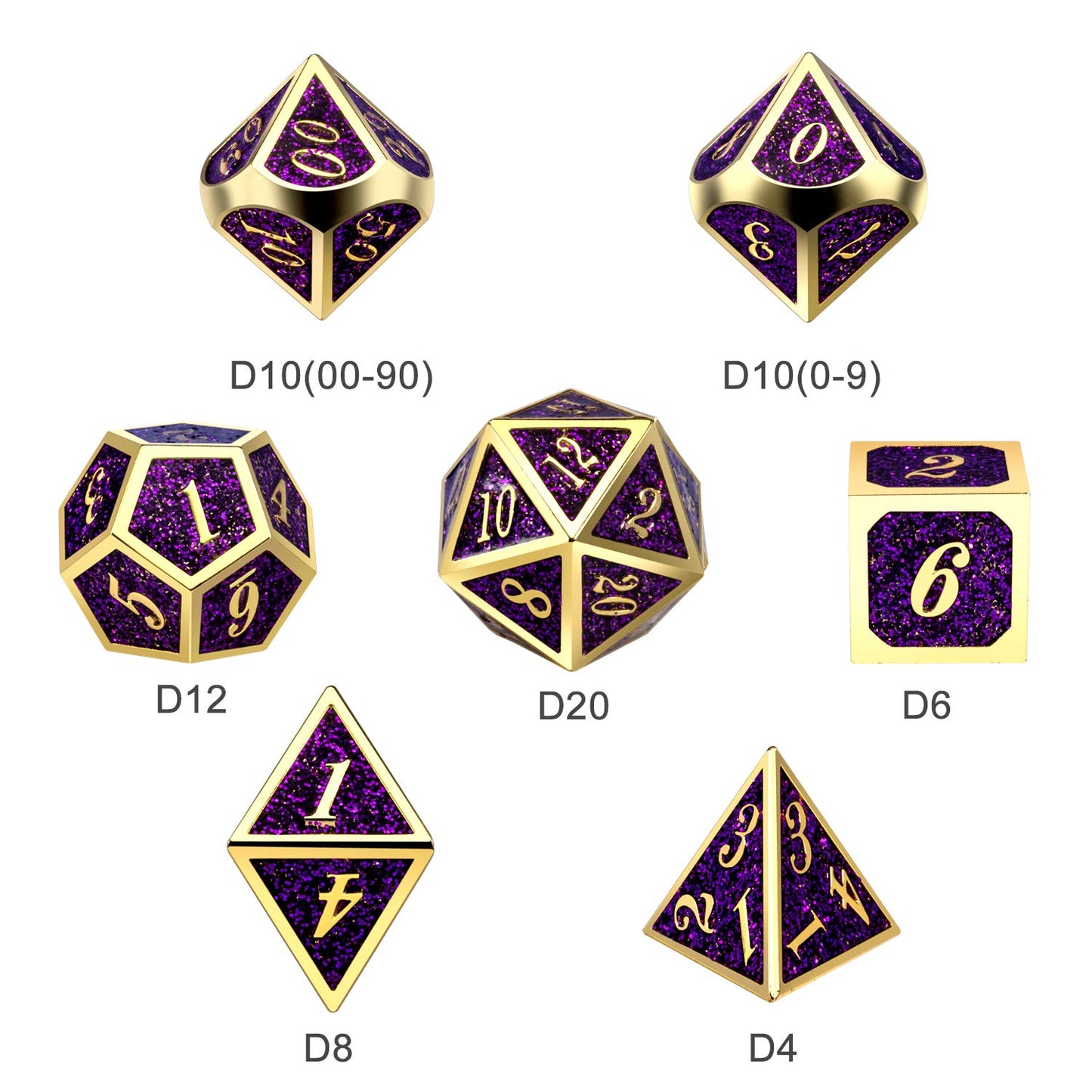 DNDND Glitter Purple Metal Dice Set, Solid Polyhedral DND Metallic Dice with Free Metal Case for Role Polying Game Dungeons and