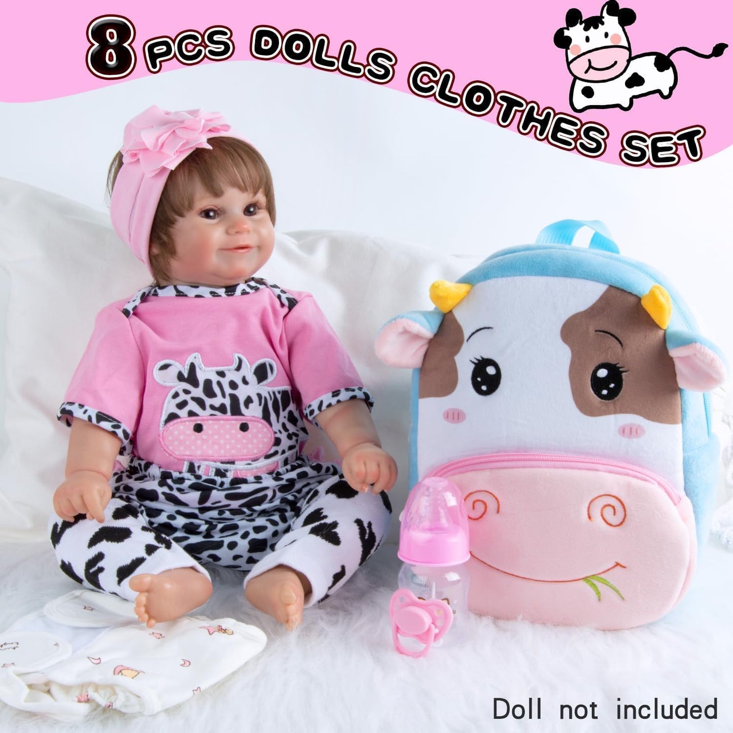 Medylove 8 Pieces Reborn Baby Doll Clothes Pink Accessories Set with Backpack for 17-22 inch Reborn Doll Clothes Girl Kids Gift Set