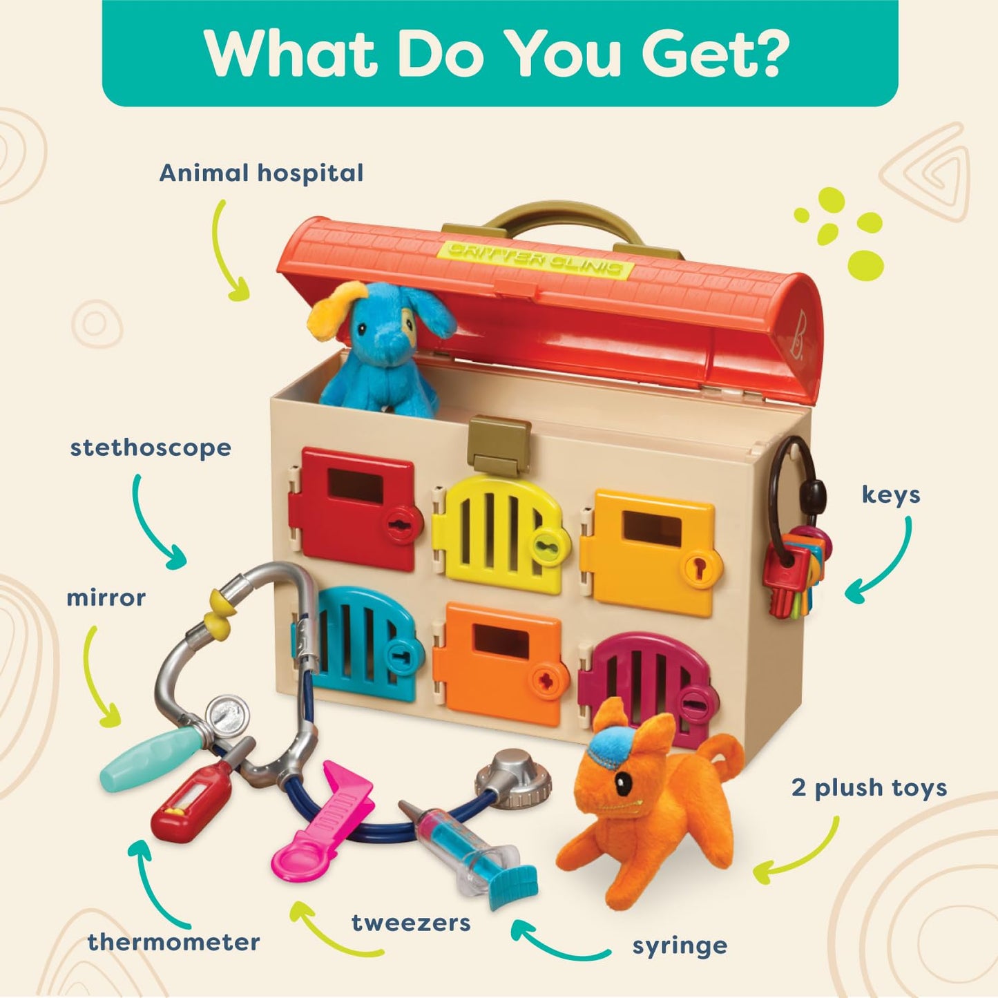 B. toys- Critter Clinic- Pretend Play Toy Vet Set For Toddlers, Kids - Pet Care Set- Vet Clinic - 2 Years +