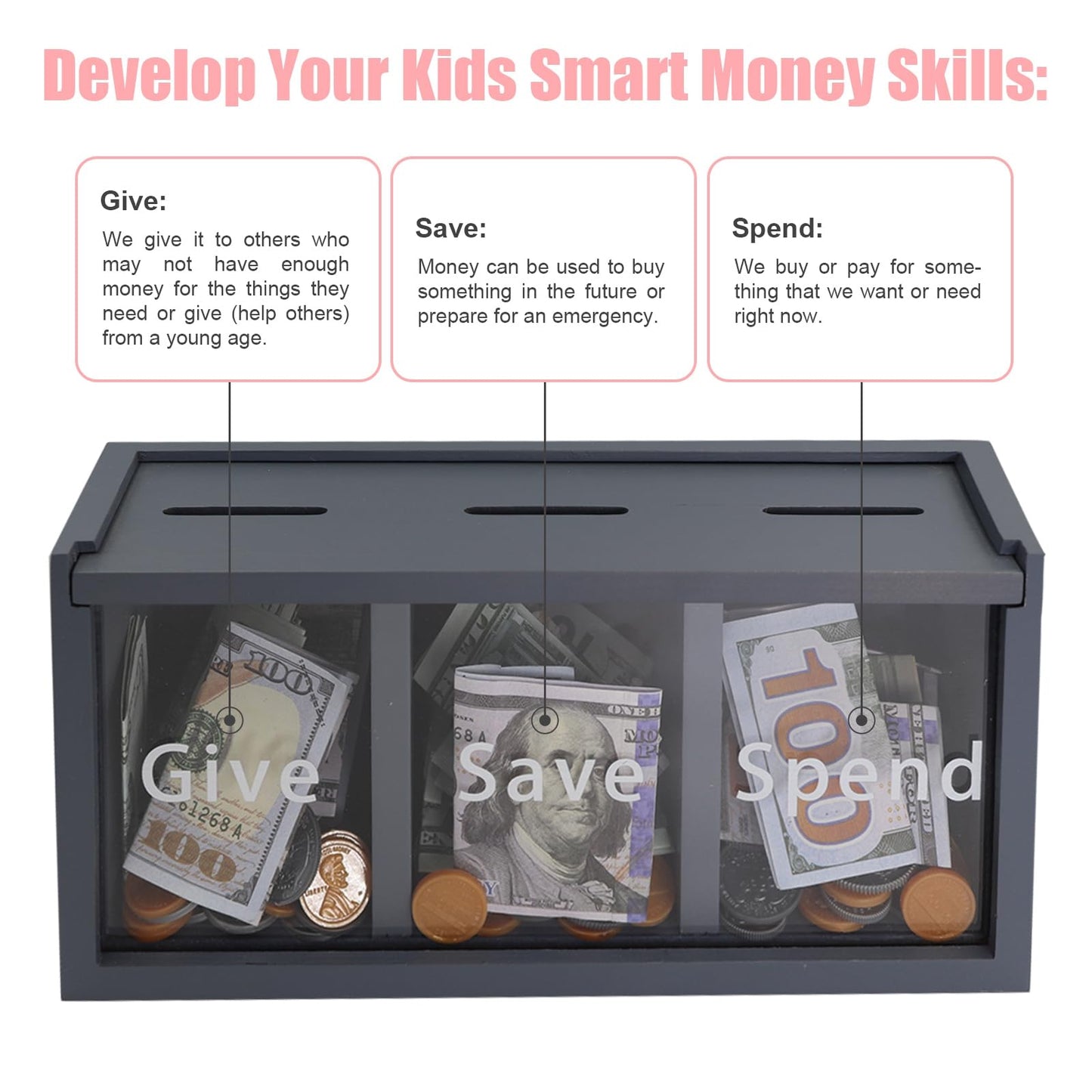 Mczxon Spend Save Give Piggy Bank For Kids, Money Coin Savings Piggy Bank Jar Box For Kids Child Safe Money Saver, Teach Children About Giving & Saving Money Piggy Box For Childrens Boys Girls, Blue