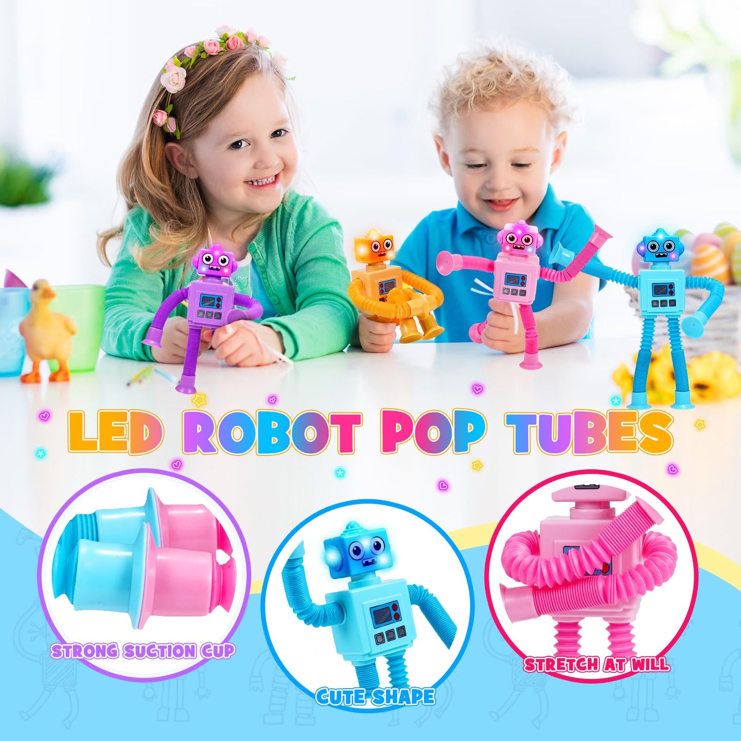 Delighkidz Robot Fidget Toys For Kids : 4 Pack Led Robotic Pop Tubes Telescopic Suction Cup Sensory Toy For 2 3 4 5 6 7 8 Year Old Boys Girls Easter Birthday Gifts For Kid Ages 2-4 Toddler Travel Toy