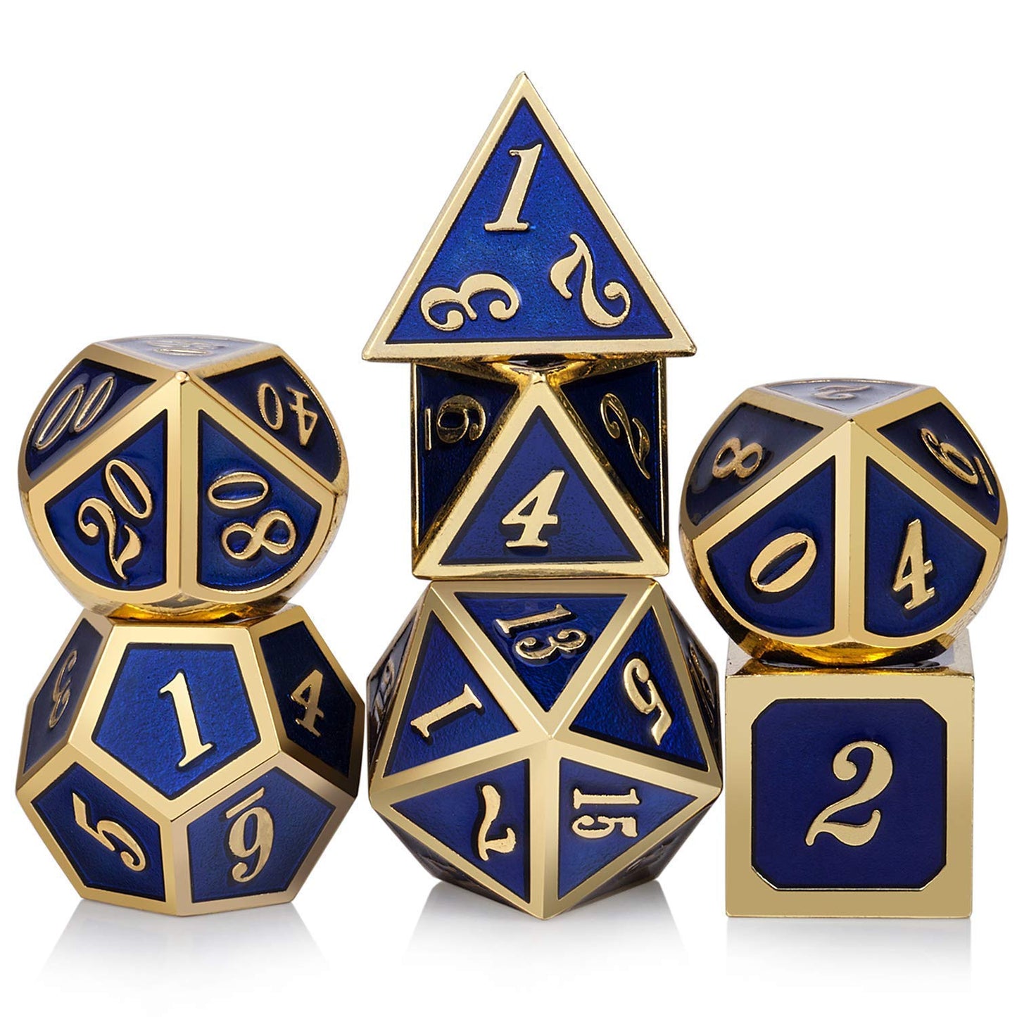 Set of 7 Metal Dice Set with Storage Box - Royal Blue with Gold Numbers - Includes D4, D6, D8, D10, D12, D20 and D% by SciencePu
