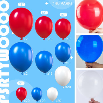 PartyWoo Red White and Blue Balloons - 140 pcs in 18", 12", 10", 5" Sizes - Rubber for 4th of July & Party Decorations