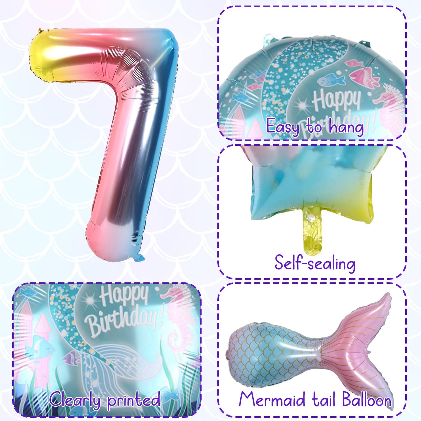 7Th Birthday Decorations - 8Pc Mermaid Balloons, 40' Rainbow 7, Helium Foil Mermaid Tail, Seashell Balloons