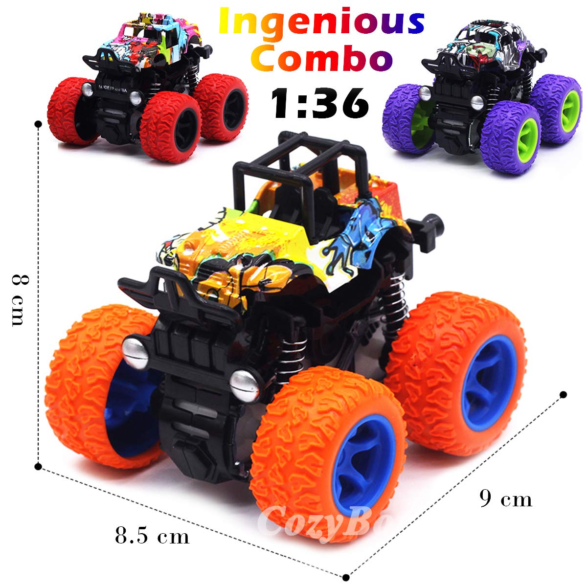 CozyBomB Monster Trucks Toys for Boys - Friction Powered 3-Pack Mini Push and Go Car Truck Playset Inertia Vehicle for Boys Girl