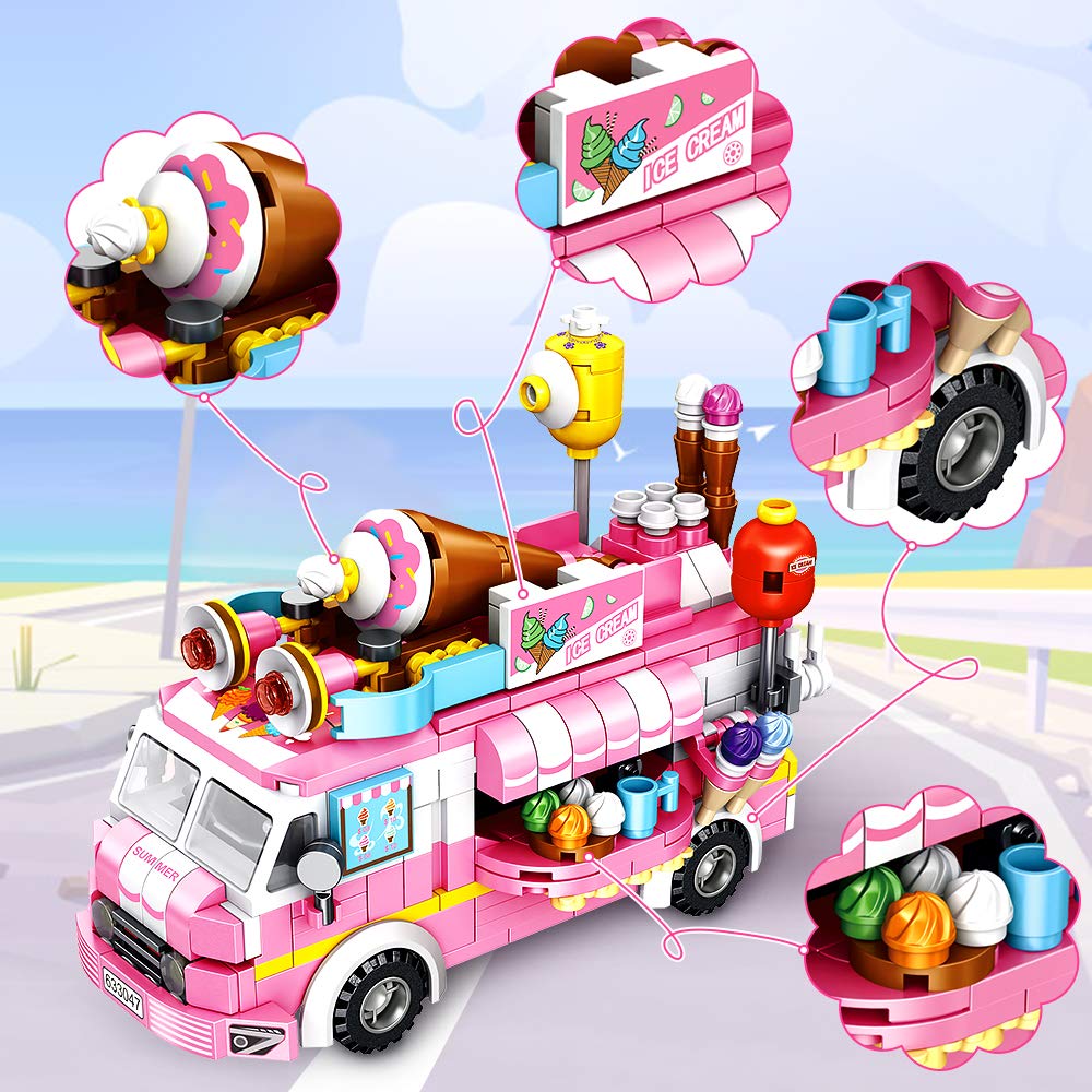 Vatos Girls Building Blocks Toys - 553 Pieces Ice Cream Truck Set Toys for Girls 25 Models Pink Building Bricks Toys STEM Toys V