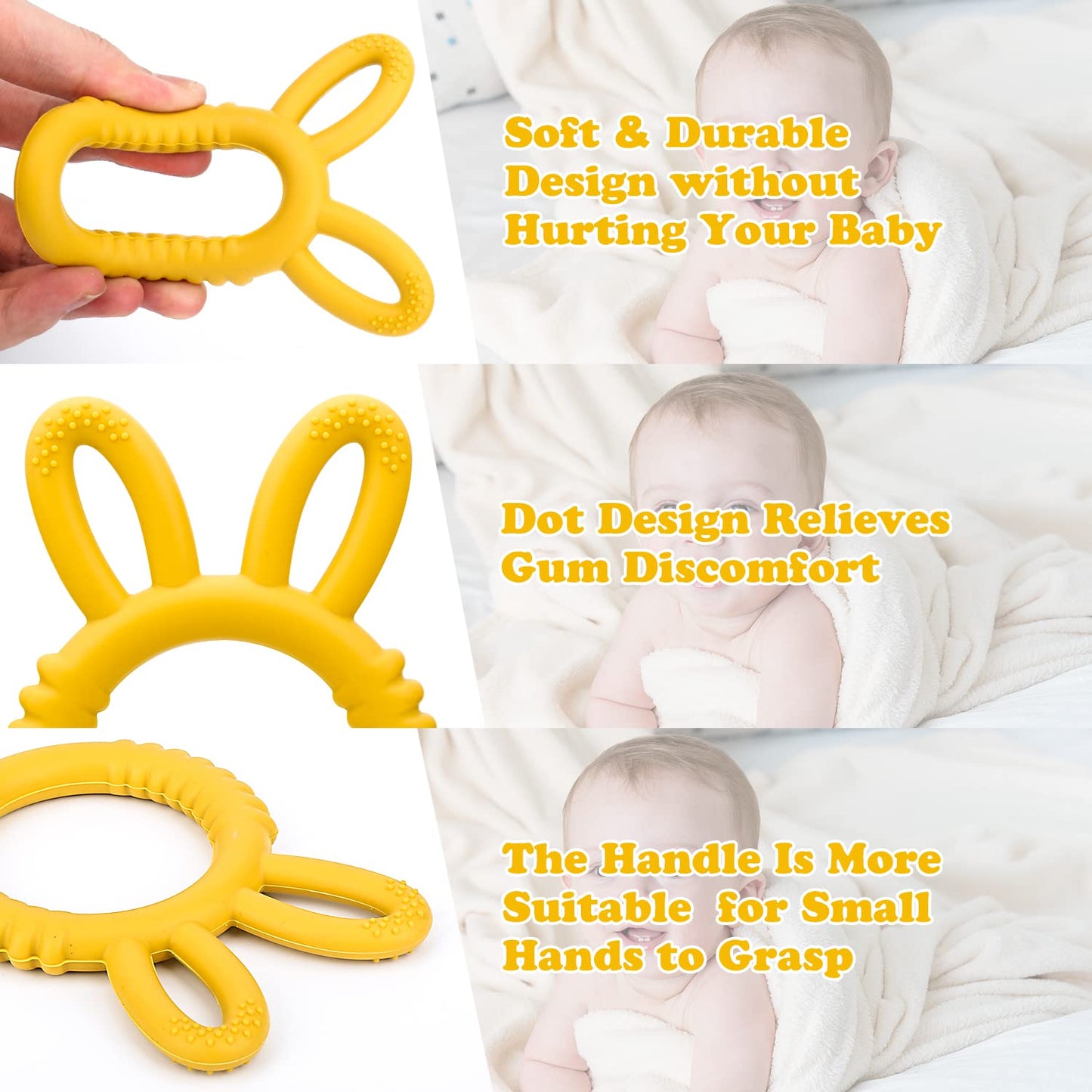 Misslili Silicone Babies Teethers Baby Teething Toys For Soothe Massage Sore Gums For 3-12 Months Infants, Bpa Free, Easter Gifts For Boys And Girls, Ring Shape Rabbit Ear Design (Yellow)