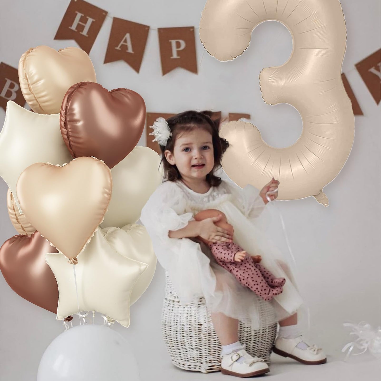 3Rd Birthday Balloons Beige, Large Apricot Tan Foil 3 Number Balloon Decor With Sand White Cream Nude Taupe Helium Heart Star Ba