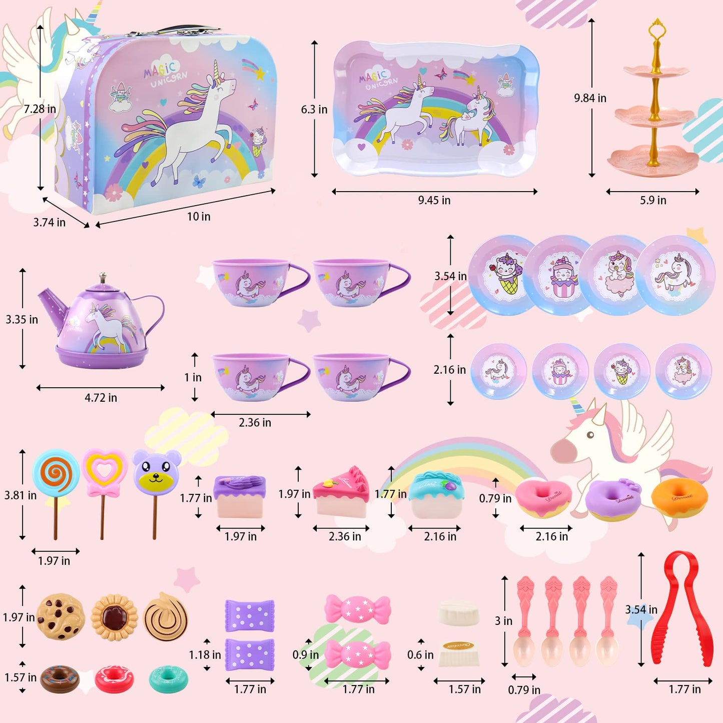 Motiloo 48Pcs Tea Set for Little Girls,Kids Pretend Toy Tin Tea Set and Carrying Case,Rainbow Magic Unicorn Design for Girls Pri