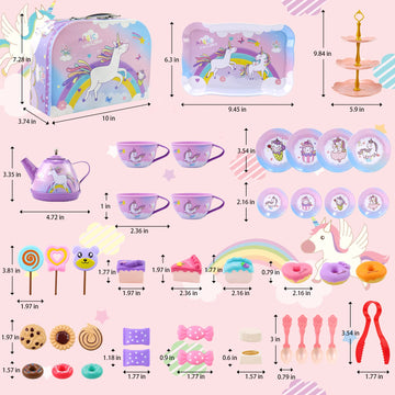 Motiloo 48Pcs Tea Set for Little Girls,Kids Pretend Toy Tin Tea Set and Carrying Case,Rainbow Magic Unicorn Design for Girls Pri