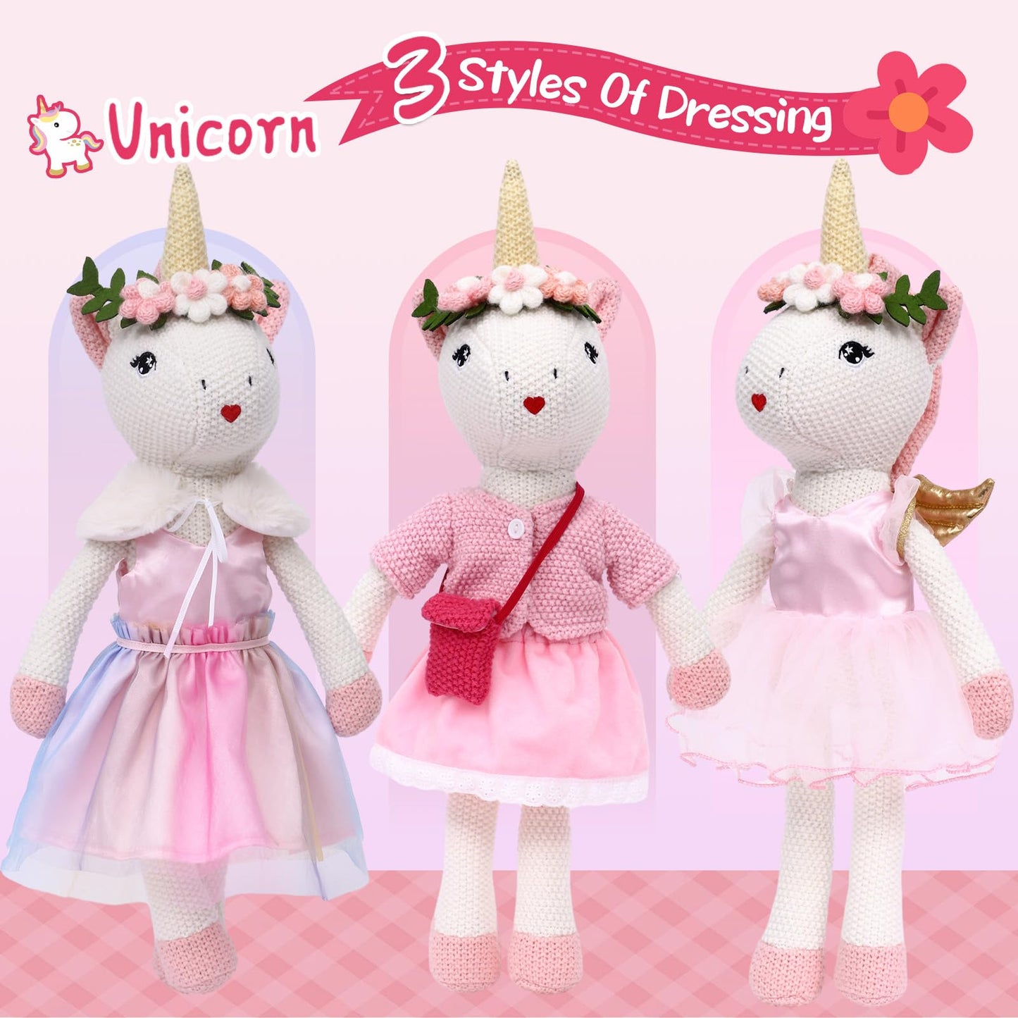Unicorn Doll Stuffed Animal Toys For Girls - Ballerina Doll | Plush Carrier Bag | 3 Set Cloth Accessories, Kids Pretend Play Doll Pet Care, Birthday Gift For 3 4 5 6 Year Old Little Girl Unicorn Toys