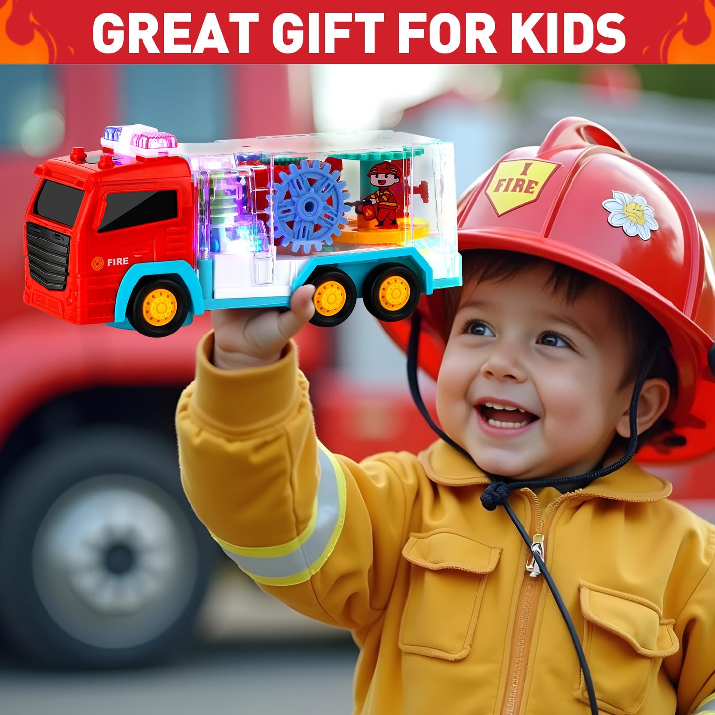 Light-Up Fire Truck Toy For Toddler,Educational Crawling Sensory Baby Toys With Rotating Gear,Cool Lights And Musical.Infant Tummy Time Toys For Kids Boys Girls 6-12-18 Months Age1 2 3 4 5 (Red)