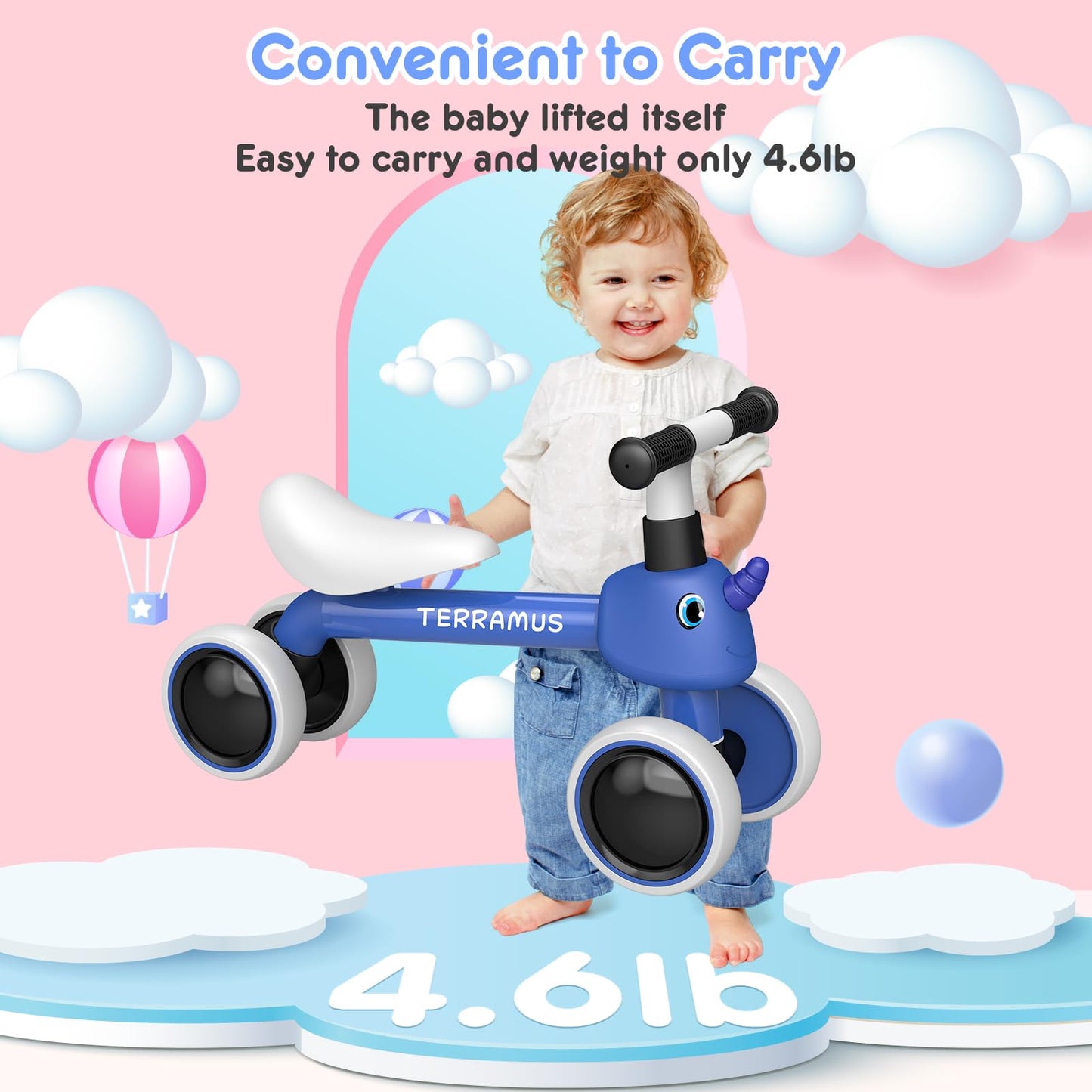 TERRAMUS Baby Balance Bike for 1 Year Old Gifts Boys Girls - Toys for 12-24 Month Toddler Balance Bike, No Pedal 4 Wheels Infant