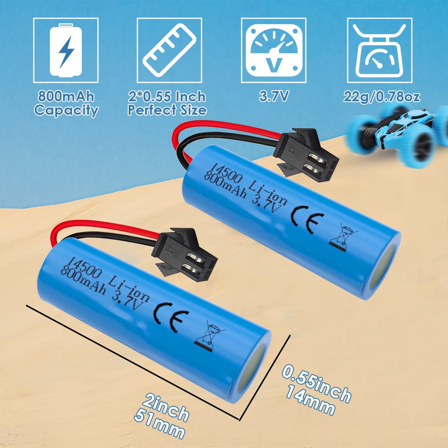 VICMILE 3.7V 800mah Li-ion Battery 2Pack with USB Chargers SM-2P Plug RC Rechargeable Battery Compatible with Remote Control Car