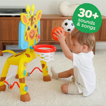 Move2Play Giraffe Basketball Hoop & Soccer Goal - 30+ Sounds & Lights, Yellow, Model GOL.100, Ideal for 1-3+ Years Old Kids