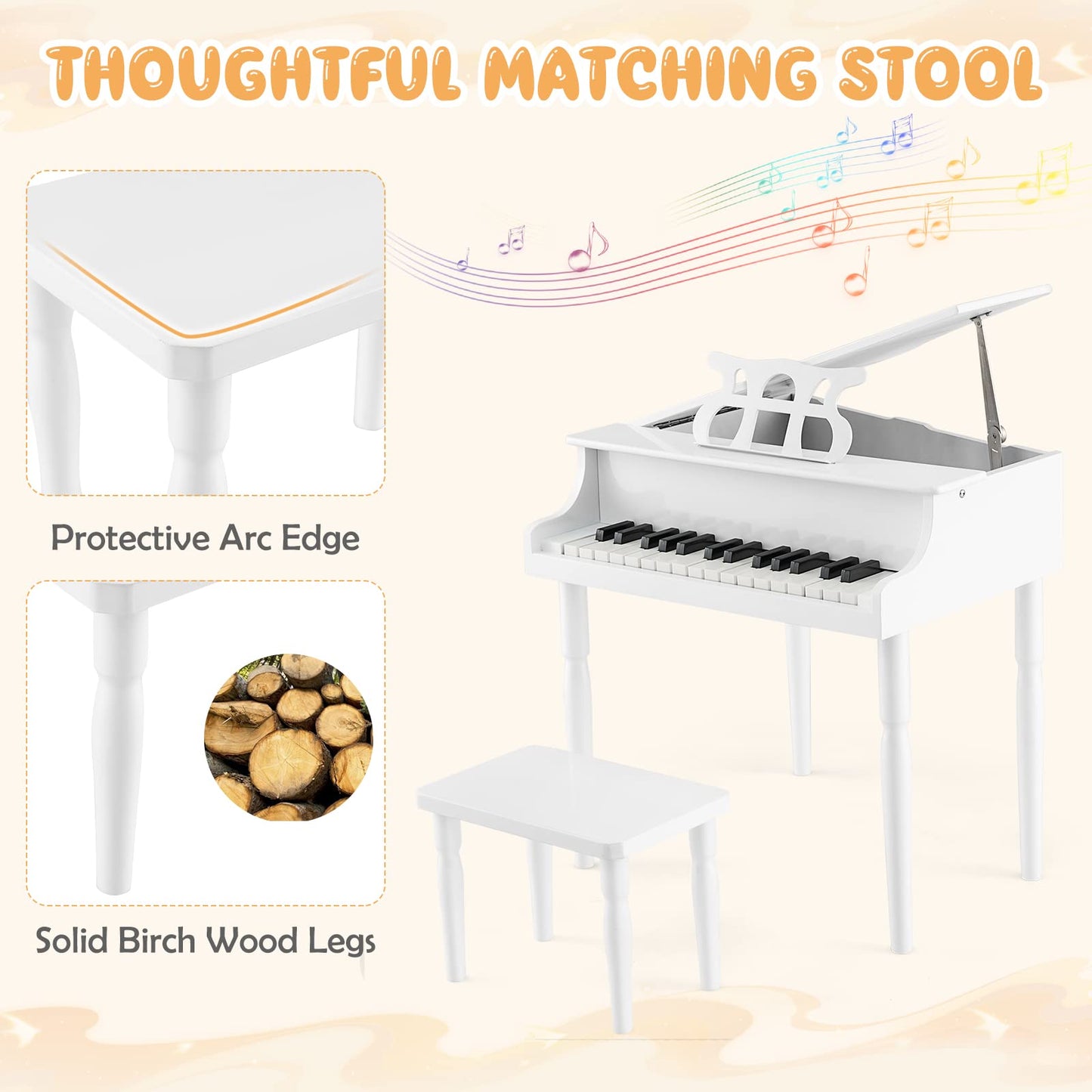 Goplus 30-Key Classical Kids Piano, Mini Grand Piano Wooden Learn-To-Play Musical Instrument Toy With Bench, Piano Lid, Music Rack, Gift For Boys Girls Aged 2+ Baby Tollder(4 Straight Leg-White)