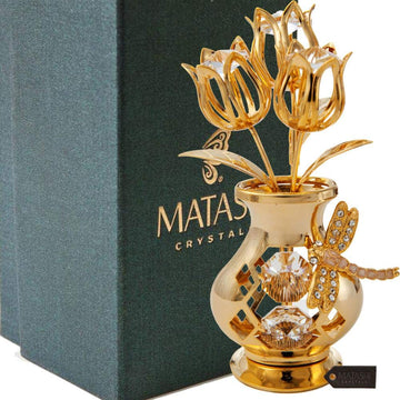Matashi Valentine'S Day Gift For Her - Flower Bouquet Vase With Dragonfly, Clear Crystal Studded 24K Gold Plated Tabletop Ornament For Women, Mom, Daughter, Friends & Family