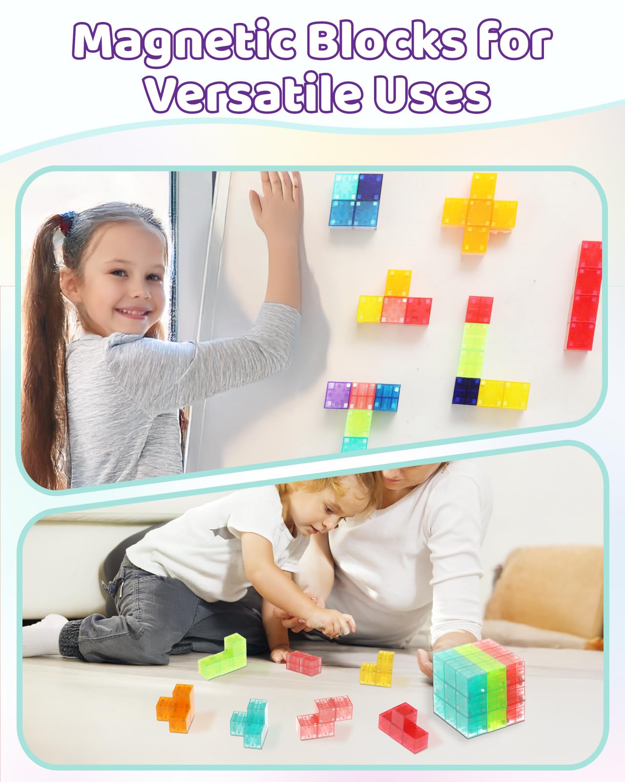 Gleamkid 54Pcs Magnetic Blocks Set, Glow In The Dark Children Construction Kit, Stem Construction Stacking Toy, Multi-Color Rain