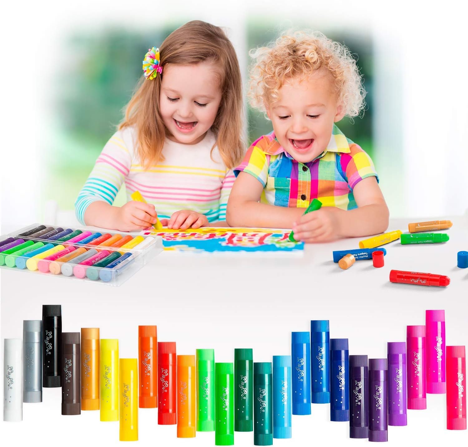 MayMoi Tempera Paint Sticks - 24 Bright Colors, Quick Drying, Easy to Color and Washable Crayons for Kids and Students