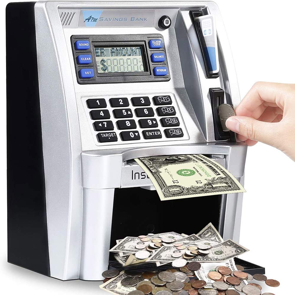 2023 Upgraded Atm Piggy Bank For Real Money Atm Savings Bank Machine For Kids Adults With Card Mini Atm Money Machine Coin Bill Feeder Educational Toy Christmas Birthday Gift(Silver/Black)