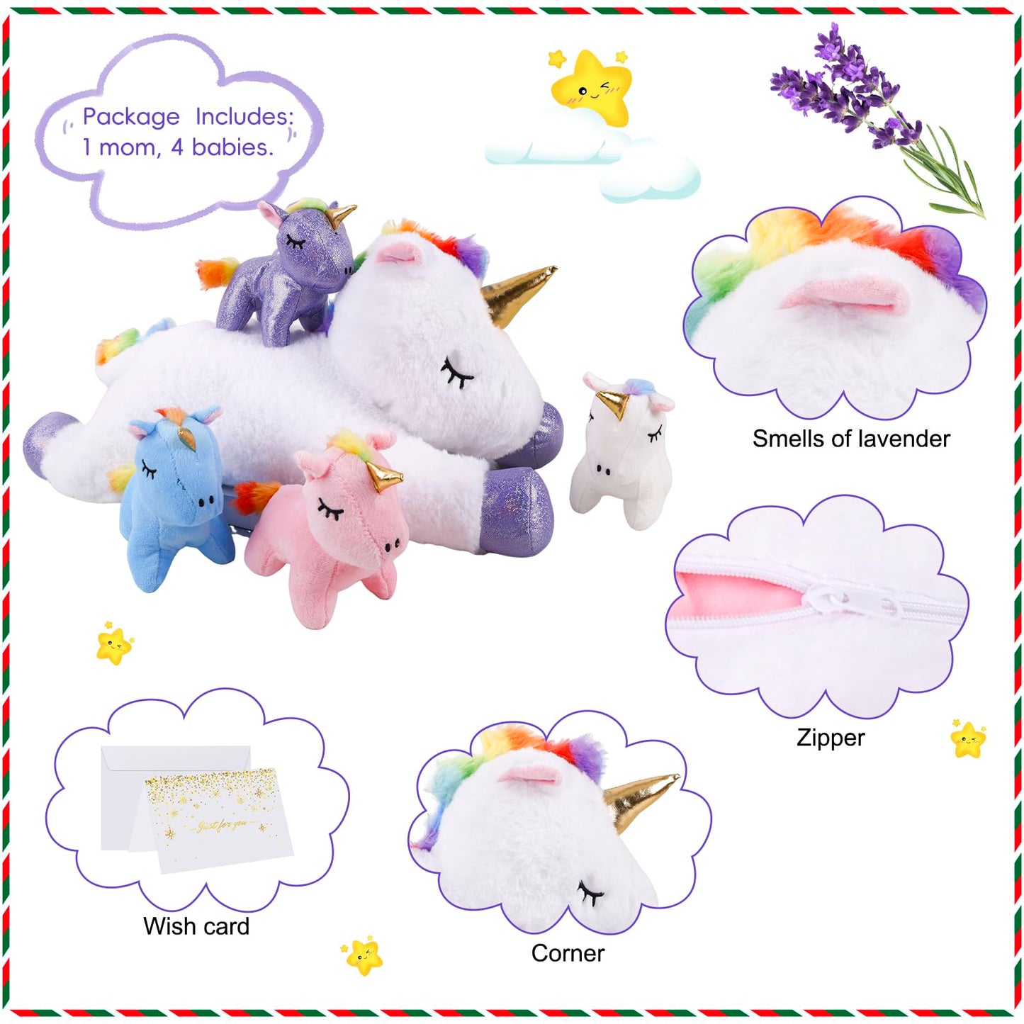 5 Pieces Magical Creature Stuffed Animals For Girls, 1 Big Mommy With 4 Mini Babies, Soft Plush Toys For Kids Ages 3 And Up,Grea