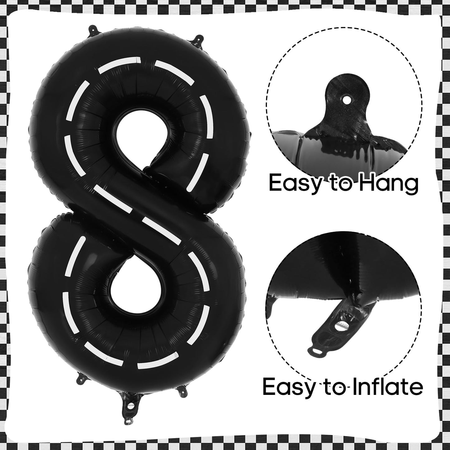 Race Car 8 Balloons, 40 Inch Racetrack Number 8 Balloon, Large Foil Mylar Racetrack Black 8 Balloon For 8 Year Old Birthday Race