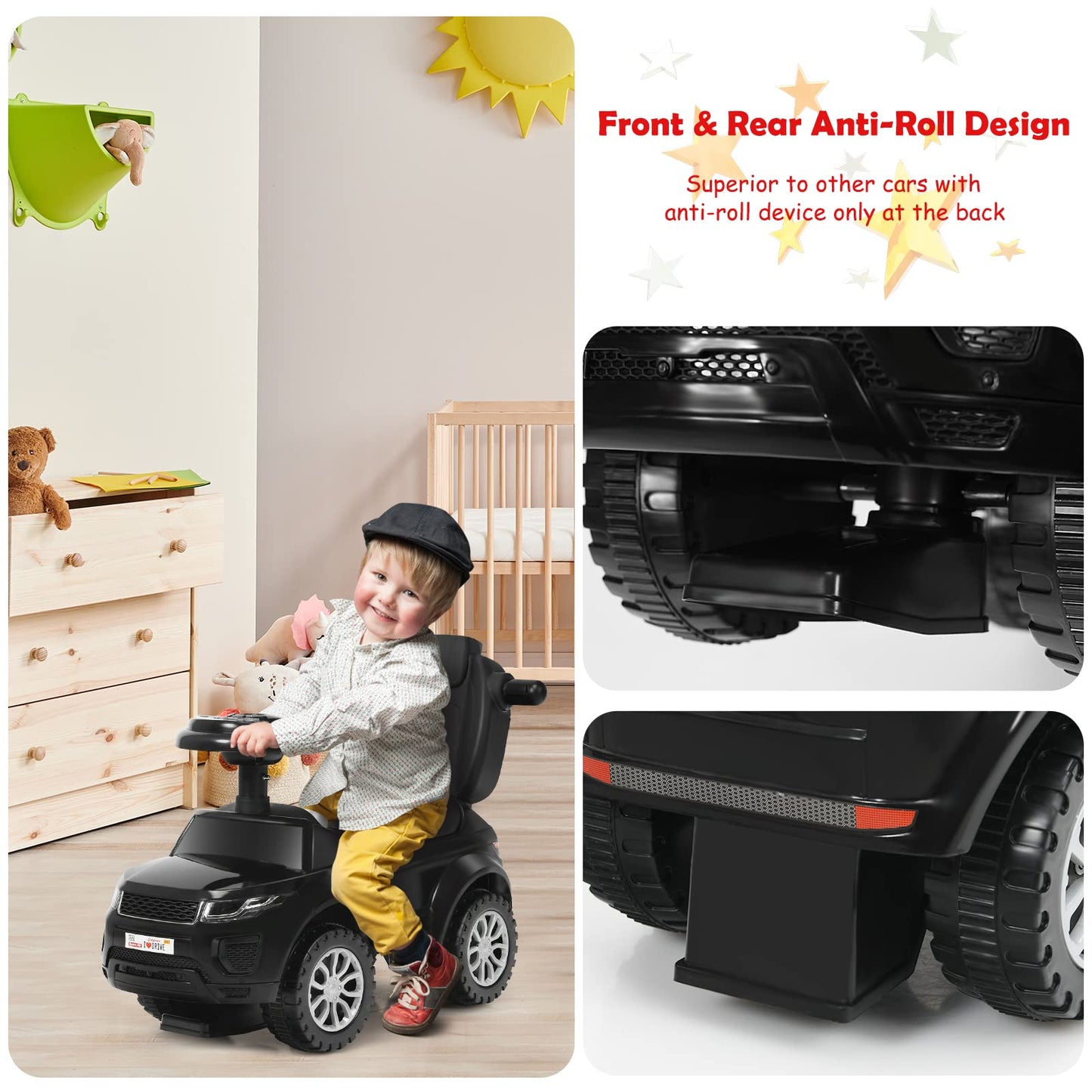 Honey Joy Ride On Push Car, Foot To Floor Ride On Sliding Car Push Handle & Detachable Guardrail, Sound & Lights, Under Seat Storage, Push Cars For Toddlers 1-3, Gift For Kids Boys Girls(Black)