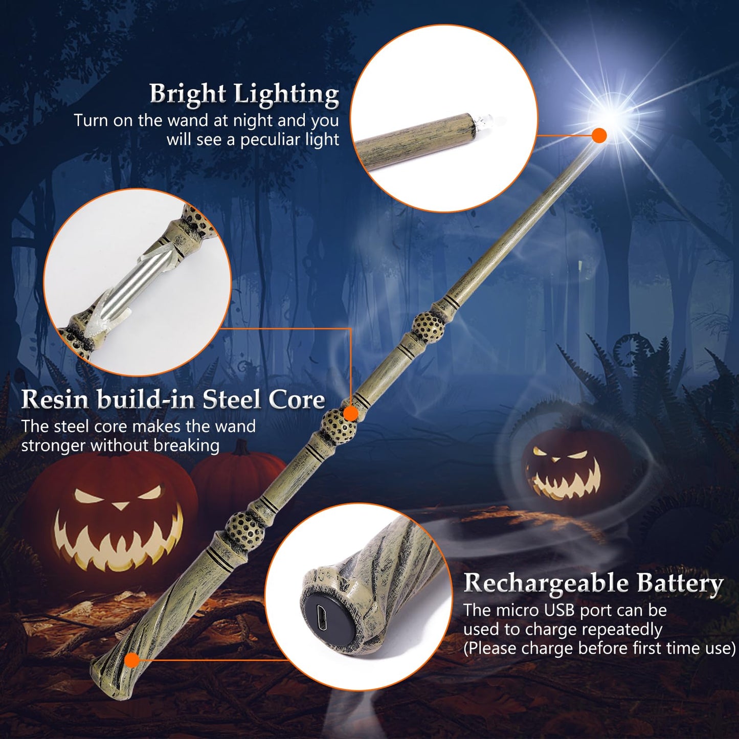 Champwe Light Up Magic Wizard Wand Rechargeable Illuminating Toy For Kids Witch Collection Cosplay Accessories With Spellbook And Gift Box (Beehive)