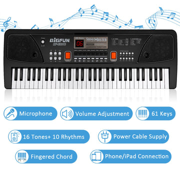 M SANMERSEN 61-Key Kids Piano with Microphone, Dual Speakers, LED Display, AUX-in, Music Stand, Black, Model WJ-YCY-2052-BK, 24