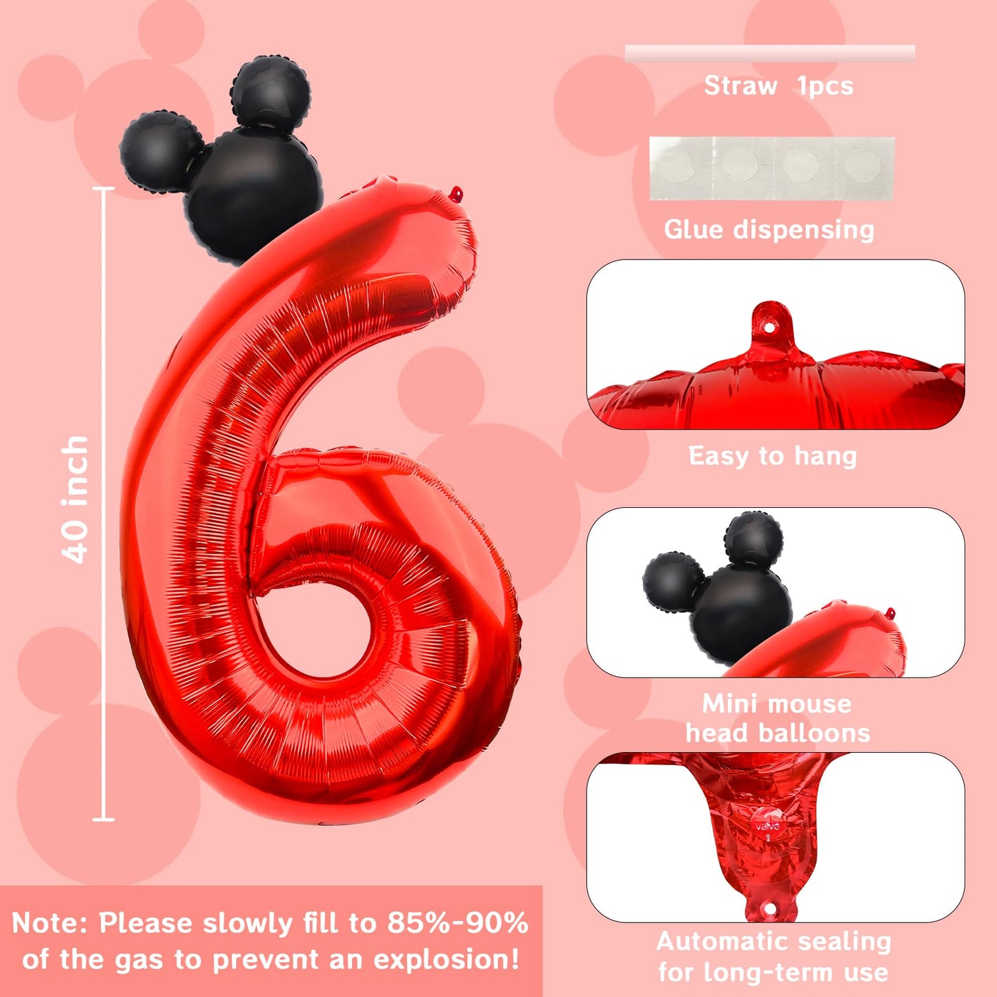 Lebery Mouse Number 6 Balloon 40 Inch Red Number 6 Balloon Mini Mouse Head Balloon For 6Th Birthday Party, Black Red Large Number 6 Foil Balloon For Baby Shower Anniversary Supplies Decorations