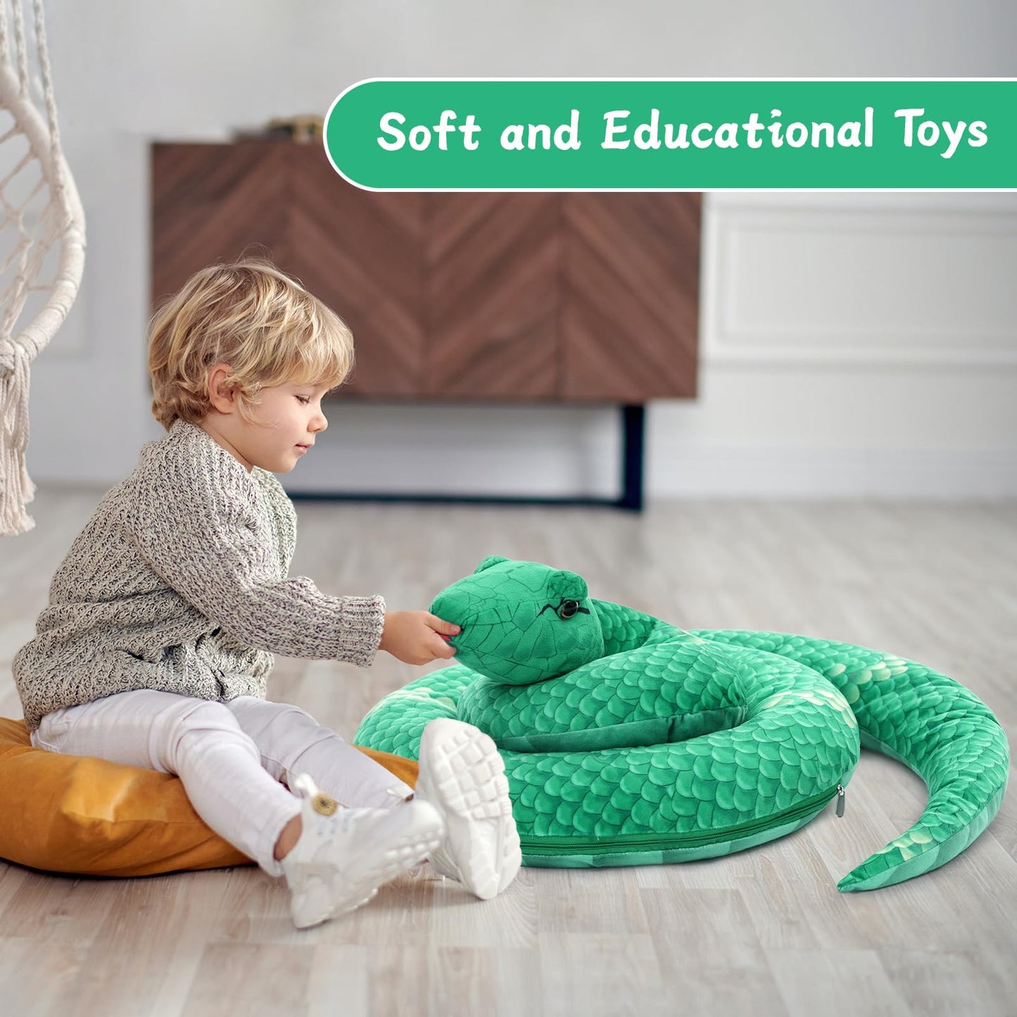 Muiteiur Giant Snake Plush Toy - 55" Green Mommy Snake with 3 Baby Snakes & 2 Eggs - Realistic Jungle Stuffed Animal for Kids