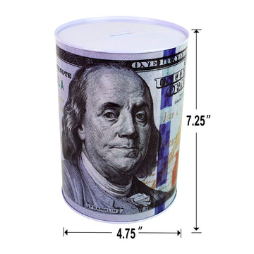 $100 Dollar Bill Piggy Bank 5 7/8'' Tall Coin Saving Money Currency Benjamin Franklin Tin Can Banknote Jar (1 Pack, 7 1/4'' X 4