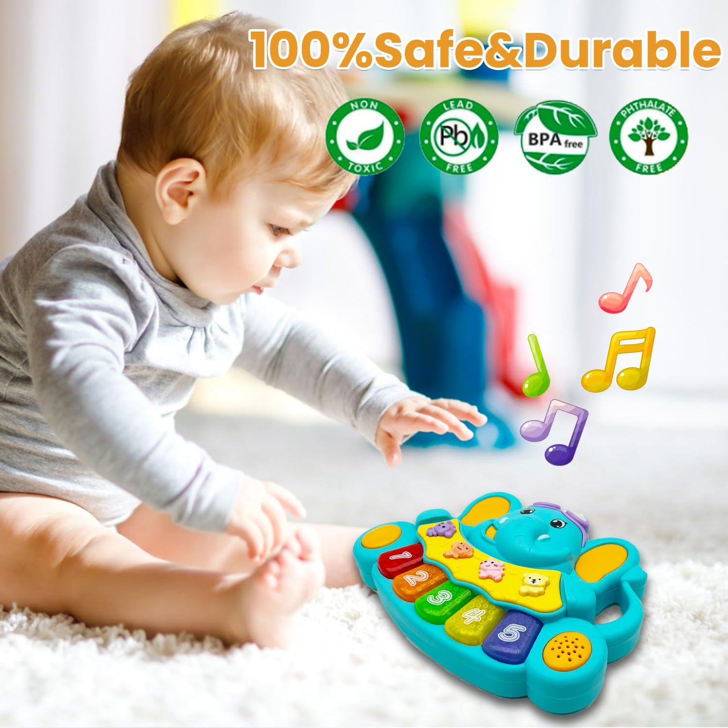 Afkstl Baby Piano Toy, 6-12 Months Light Up Music Baby Toys For0 3 6 9Months, Early Education Puzzle Boys Girls Gifts (Elephant)