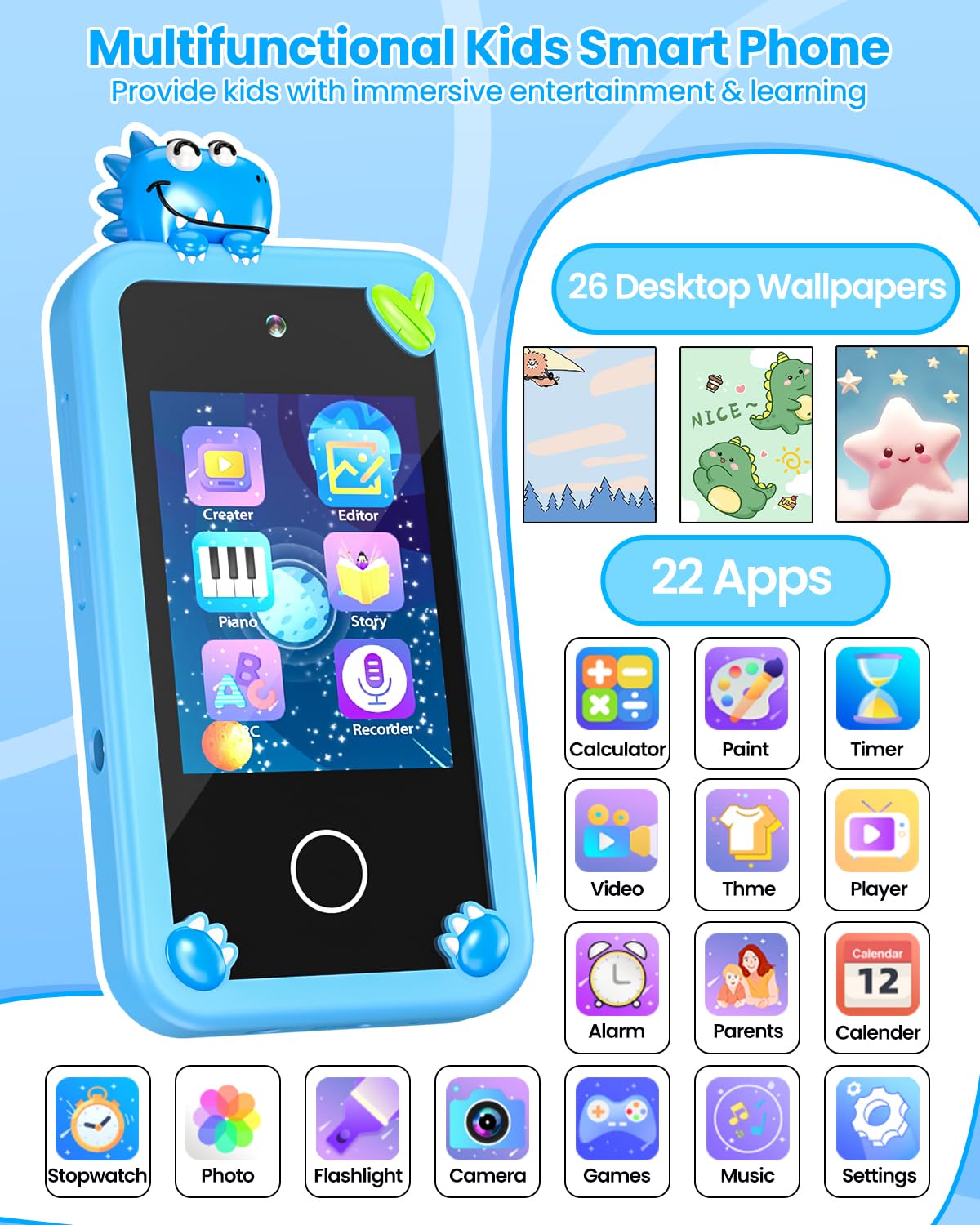 Kids Smart Phone for Boys with 32G Card & Holographic Pyramid, Christmas Birthday Gifts for Age 3-10 Kids Toys Cell Phone, 2.8''