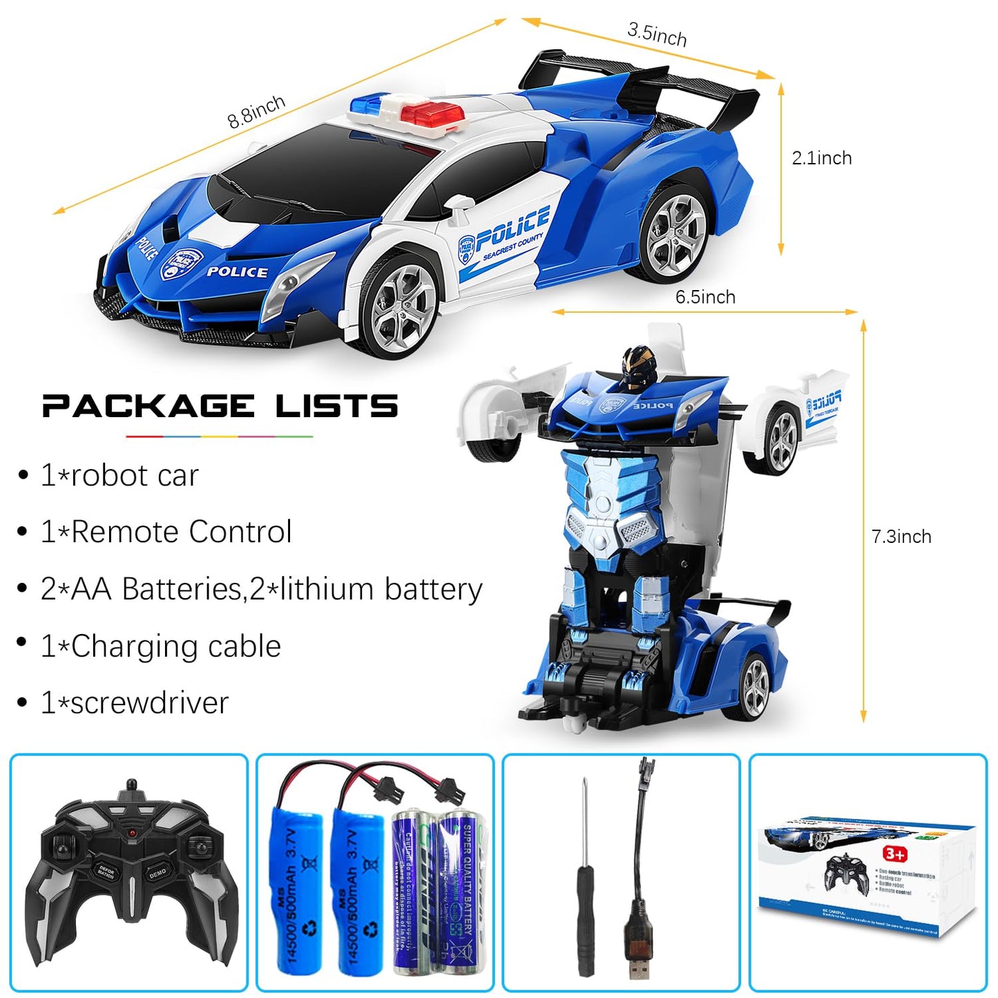 FIGROL Remote Control Car|Transformable Robot RC Car|2.4Ghz 1:18 Scale Model Police Car with One Button Deformation|360 Degree R
