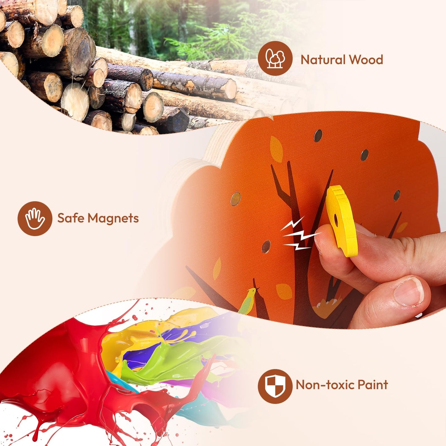 Woodtoe Montessori Toys For 3 4 5 6 Year Old, Pumpkin Picking Magnetic Leaves Tree Toy, Toddler Fine Motor Skill Toy, Wooden Sen