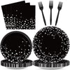 96 Pcs Black And Silver Party Supplies Paper Plates Napkins Silver Dot On Black Party Birthday Tableware Kit Black And White Bir