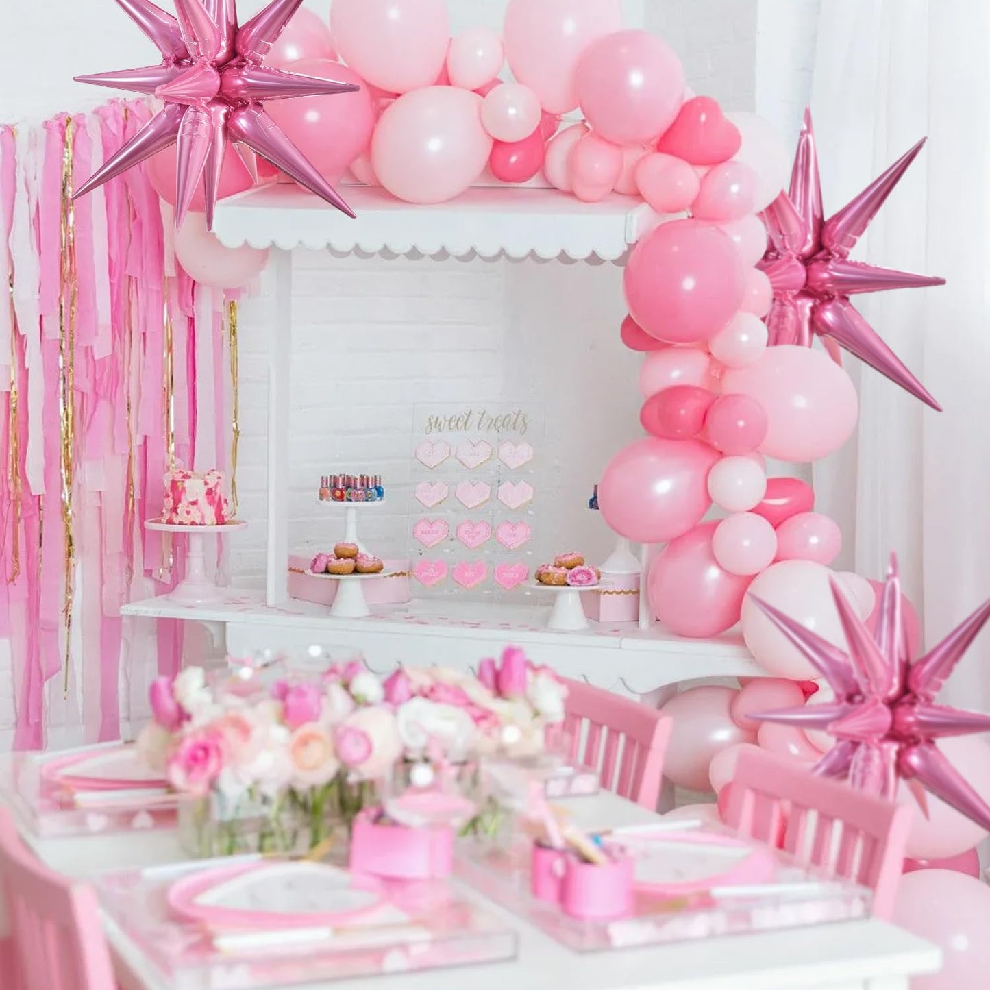 Toniful 4 Pcs 22Inch 4D Pink Explosion Star Foil Balloons 14Point Light Pink Star Mylar Balloons For Party Backdrop Christmas Ne